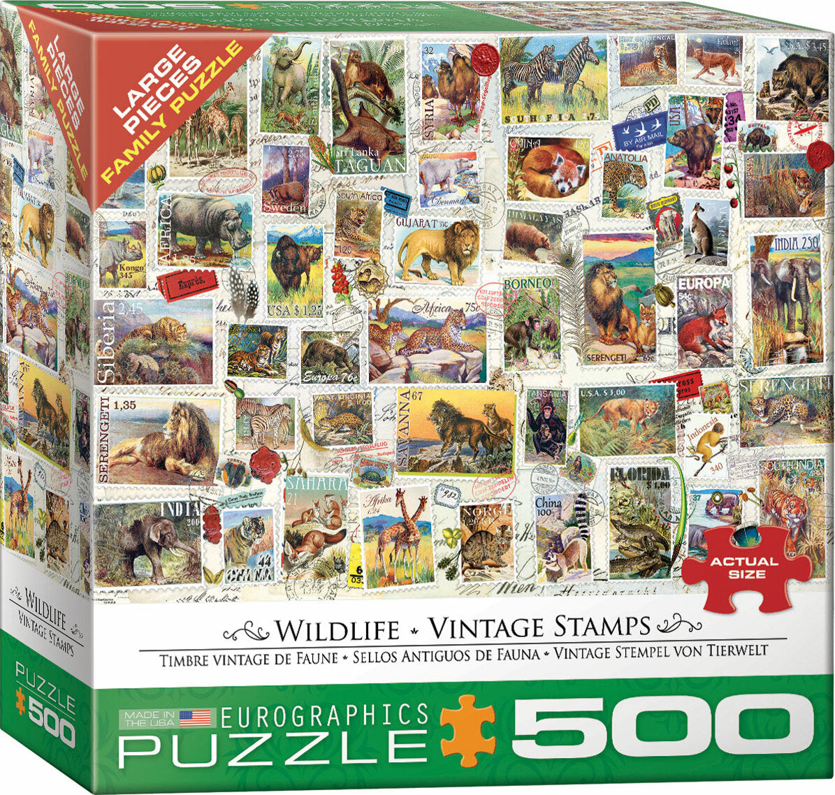 500 pc - Large Puzzle Pieces - Wildlife - Vintage Stamps