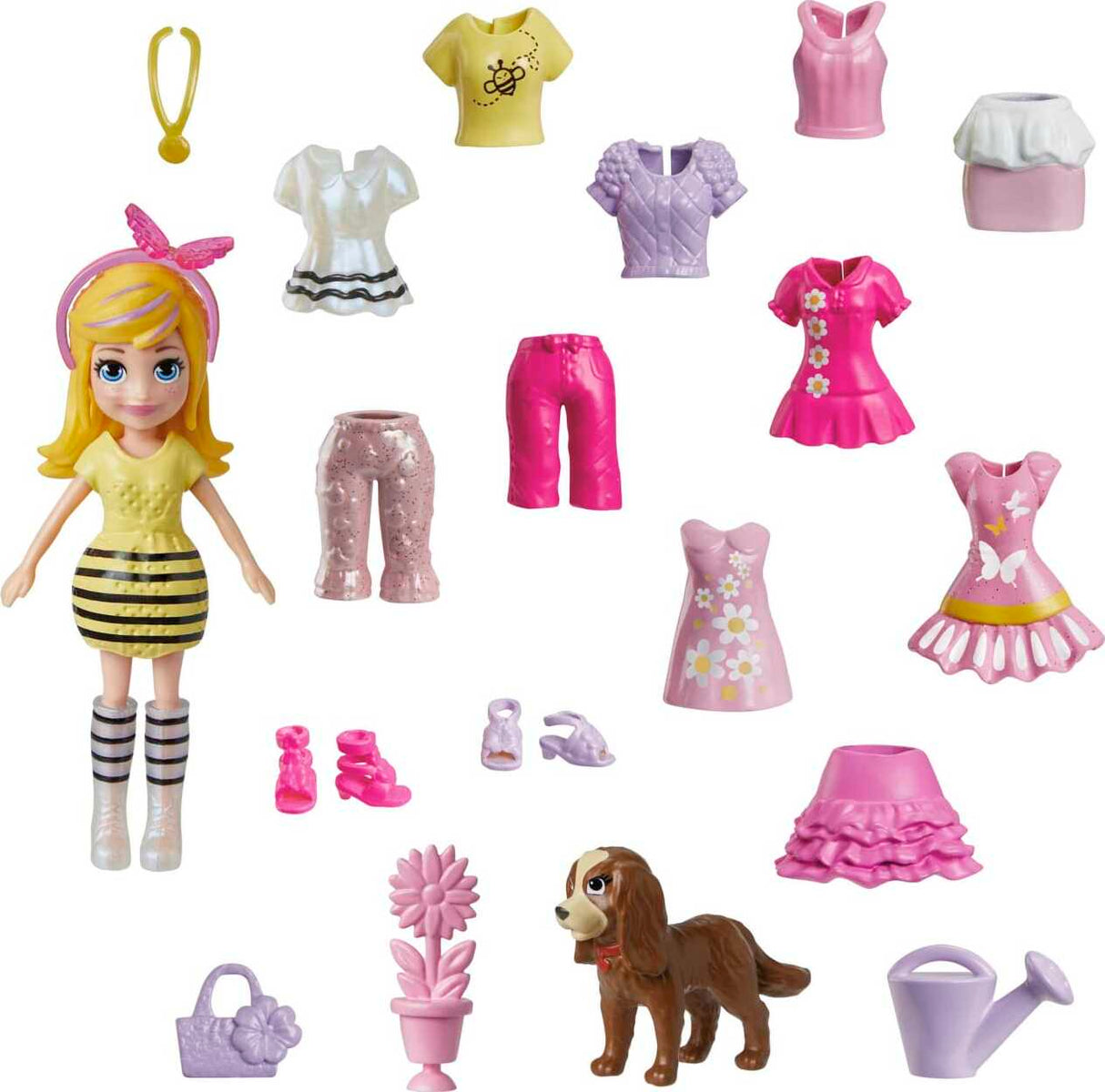 Polly Pocket Doll & 18 Accessories, Polly & Puppy Flower Pack