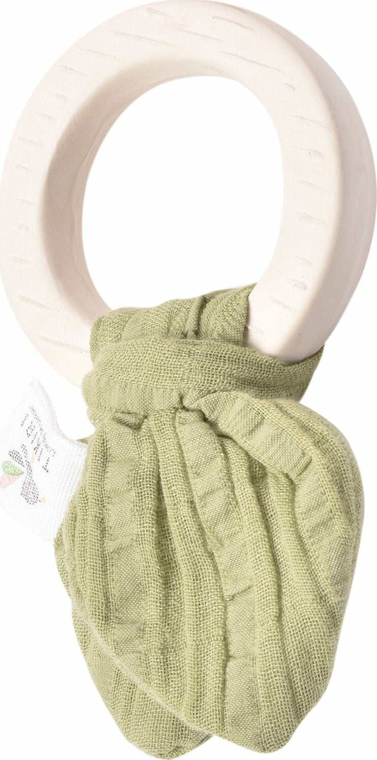 Natural Organic Rubber Teething Ring- With Olive Green Muslin Tie