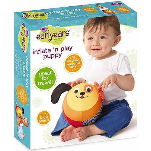 Earlyears Inflate N' Play Puppy - Machine Washable Fabric Covered Ball with Jingle Sounds & Crinkle Ears Baby Toy