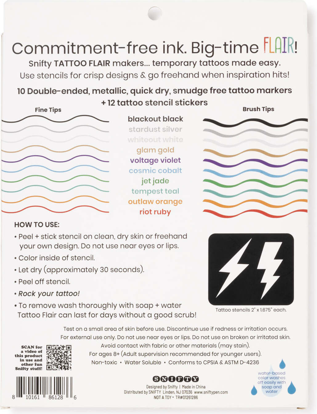 Metallic Tattoo Flair 10 Tattoo Markers + 12 Stencils