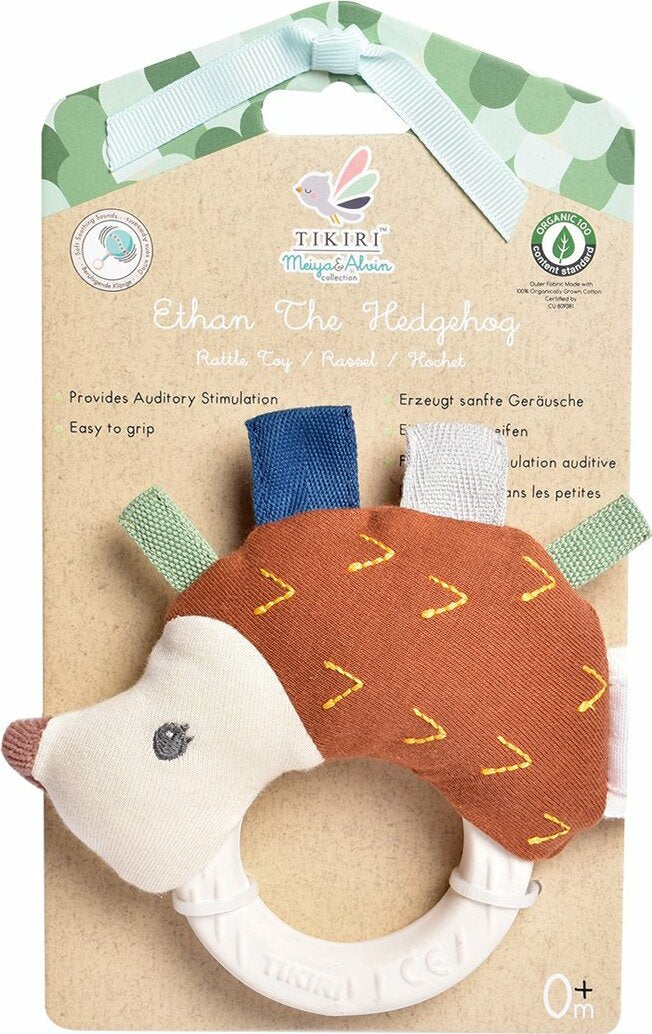 Ethan The Hedgehog Plush Rattle With  Natural Rubber Teether