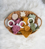 Natural Organic Rubber Teething Ring- With Olive Green Muslin Tie